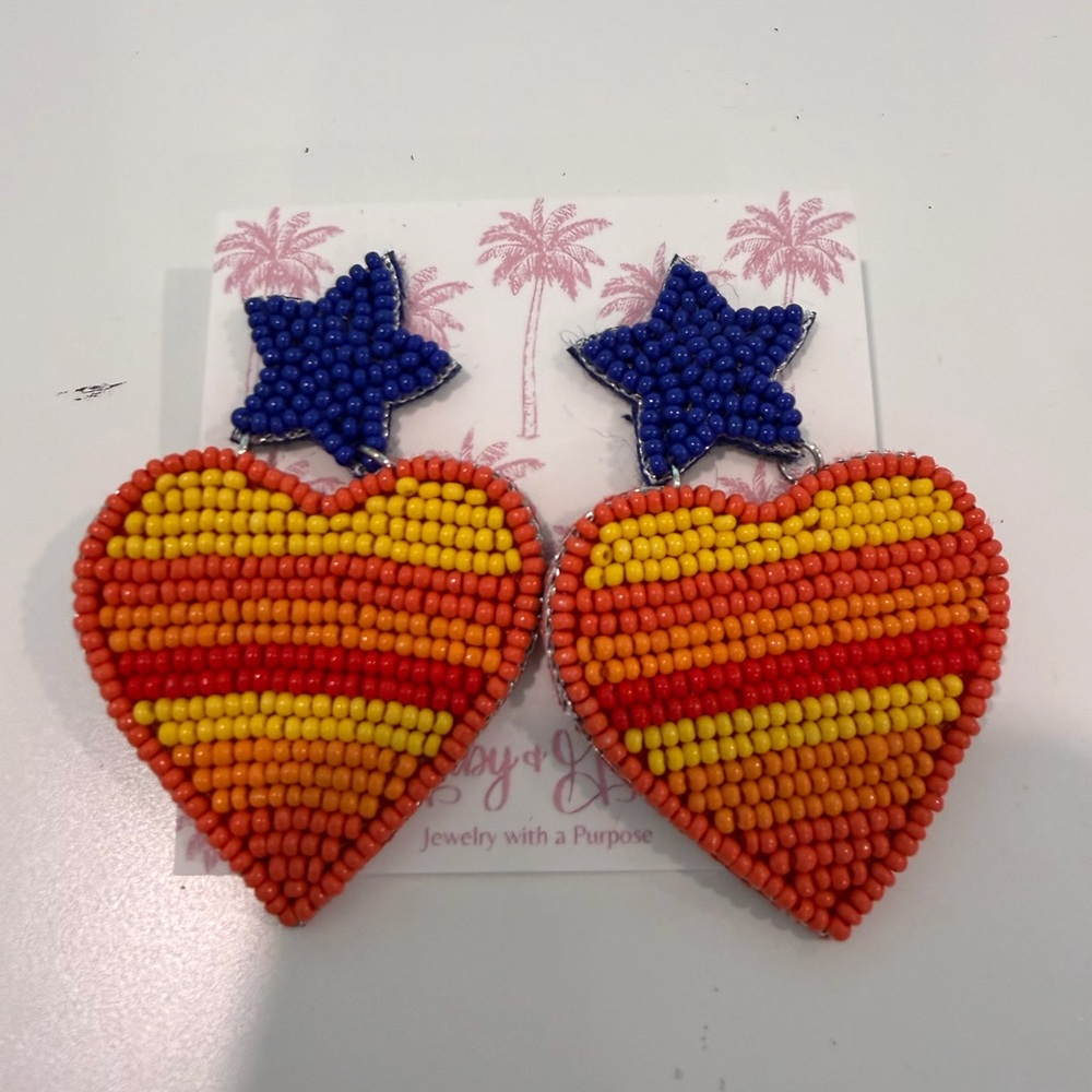 Houston Astros Beaded Heart Earrings